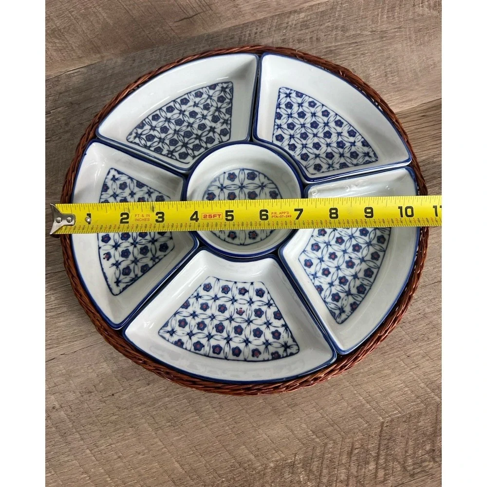 Summer/party Floral Hand painted Ceramic Serving Tray W/ Woven Basket Holder